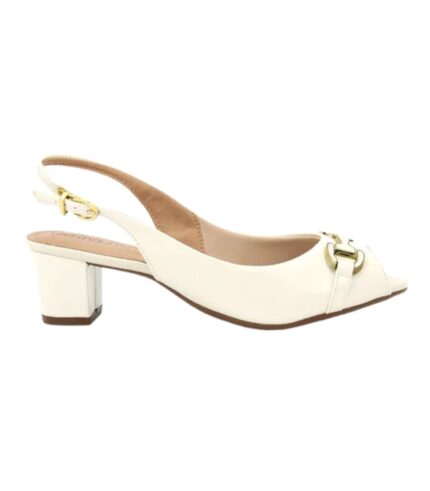 Sapato Peep Toe Beira Rio Salto Médio Fivela Metal – Branco Off