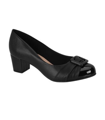 Scarpin Beira Rio Salto Grosso Fivela Bico Redondo – Preto